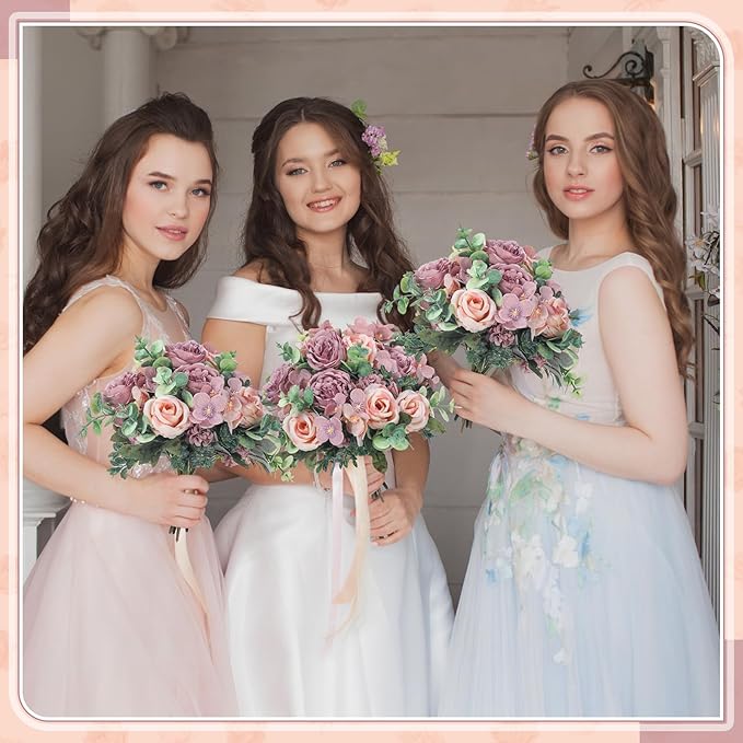 6 Pcs Artificial Peony Silk Florals Fake Mix Silk Peony Rose Faux Flower Hydrangea Bouquet Elegant Realistic Wedding Floral Centerpiece for Home Party Table Arrangement (Champagne with Purple)