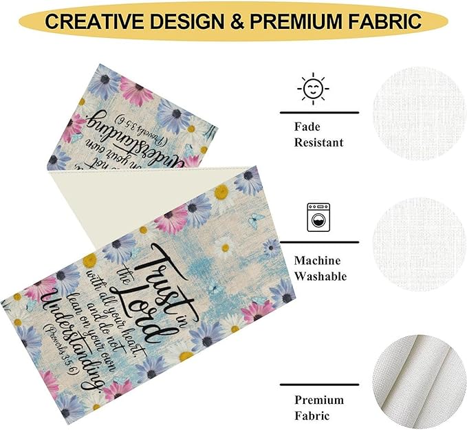Daisy Flower Table Runner, Colorful Farmhouse Rustic Daisy Flower Print Linen Coffee Table Center Decor for Home Kitchen Dining Patio Holiday Party Indoor Outdoor Table Decorations 13x90 inch