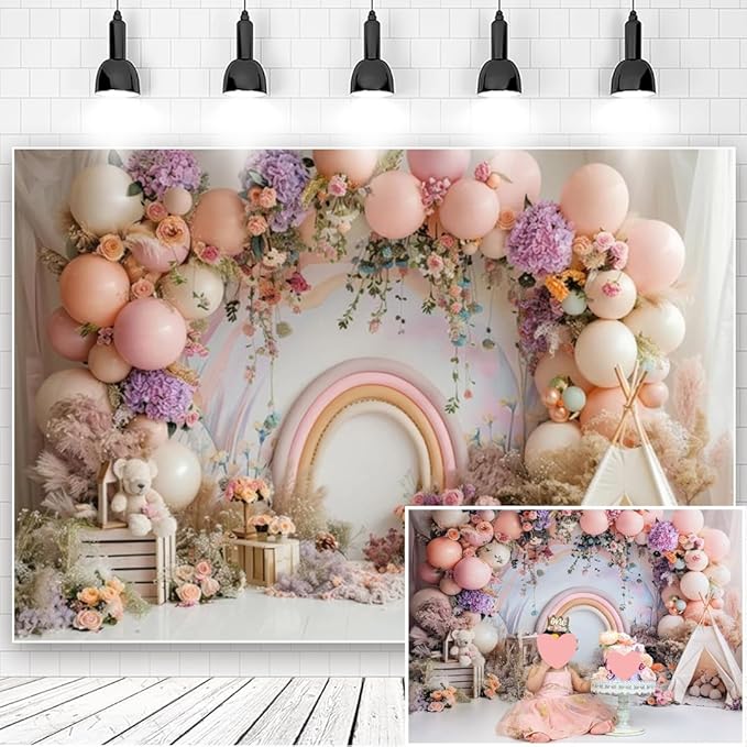 Newborn Baby 1st Birthday Photography Backdrop - Balloons Tent Flower Decor Background for Kids Birthday Party Baby Shower Portrait Cake Smash Props (6x4ft)