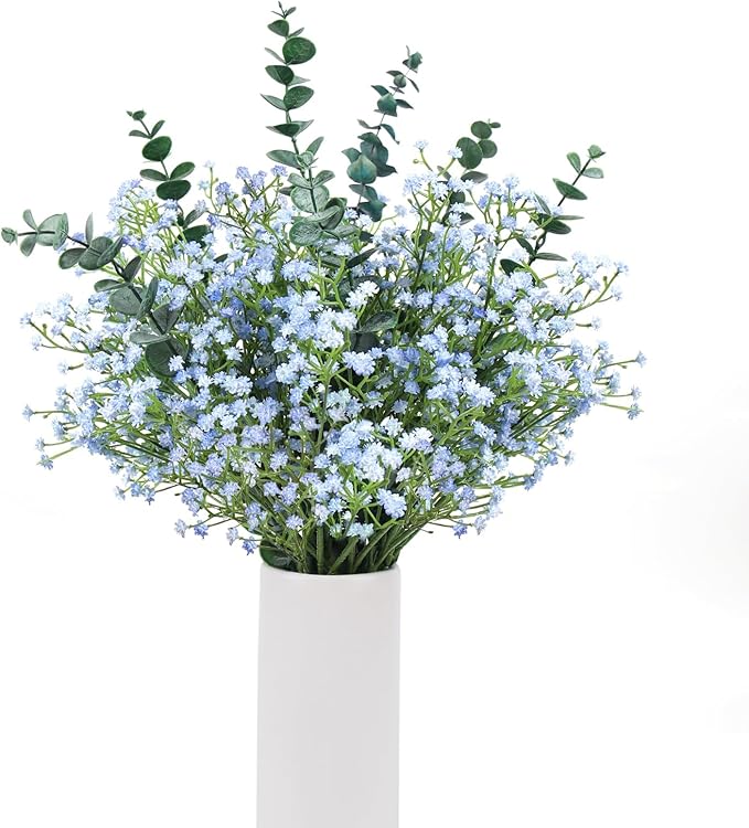 DEEMEI 18pcs Babys Breath Artificial Flowers Fake Eucalyptus Leaves Flowers Bouquet Artificial Blue Gypsophila Bouquets Real Touch Faux Flowers for Wedding Floral Arrangement Party Home Decoration