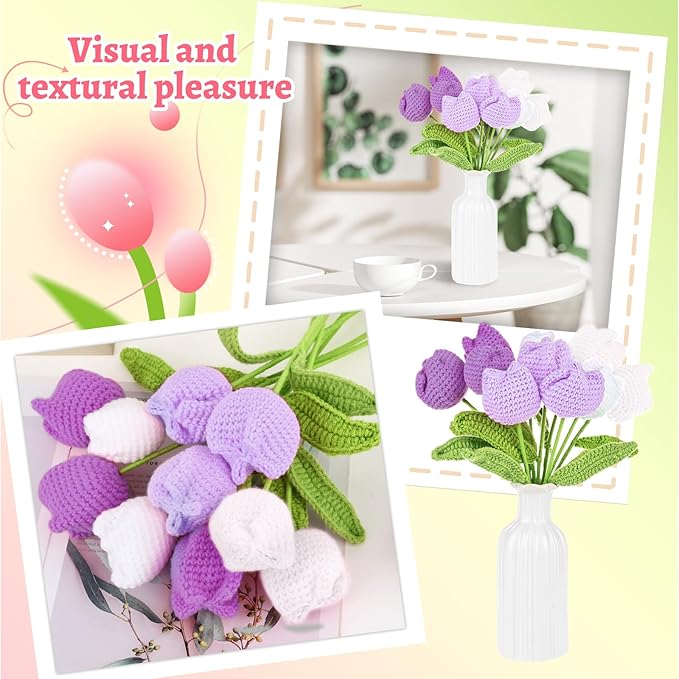 TLY 10 Pcs Crochet Tulips Flowers Artificial Flowers Bouquet Finished Handmade Knitted Tulip Bouquets with Leaf and Long Stem for Home Centerpieces Decor Valentine's Day Wedding Anniversary