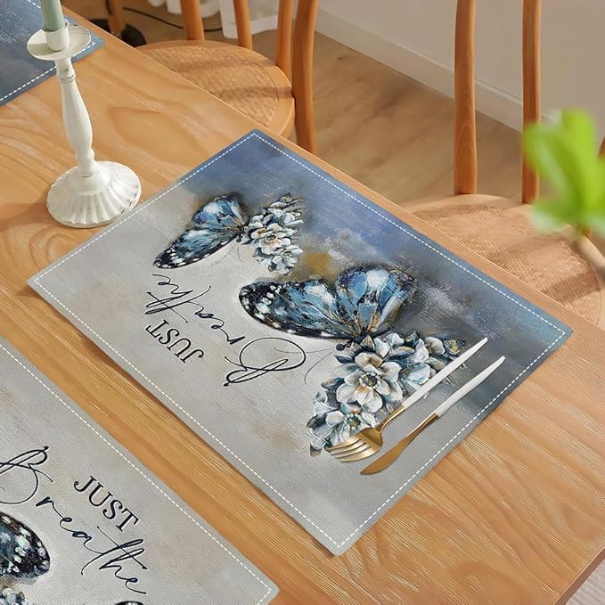 Blue Butterfly Placemats Set of 6, Farmhouse Country Rustic Just Breathe Place Mats Washable Double-Sided Table Mats for Dining Room Home Party Indoor 6 PCS 12x18 Inch