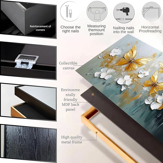 Butterfly Canvas Wall Art, Butterfly and Flower Wall Decor, Butterfly Prints, Abstract Textured Canvas Wall Art, Artwork for Walls, Oil Painting Wall Art, Wall Decor Living Room (Gold Frame, *31"x15"|80x40cm)