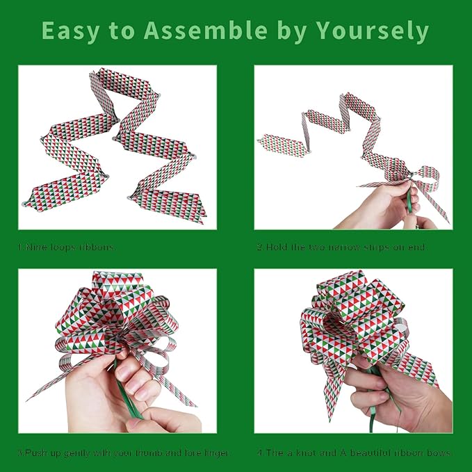 24PCS Christmas Bows for Gift Wrapping, 5” Xmas Pull Bows with Ribbon Wrap Accessory for Present, Florist, Bouquet, Hamper, Basket Decor, Easy to Assemble
