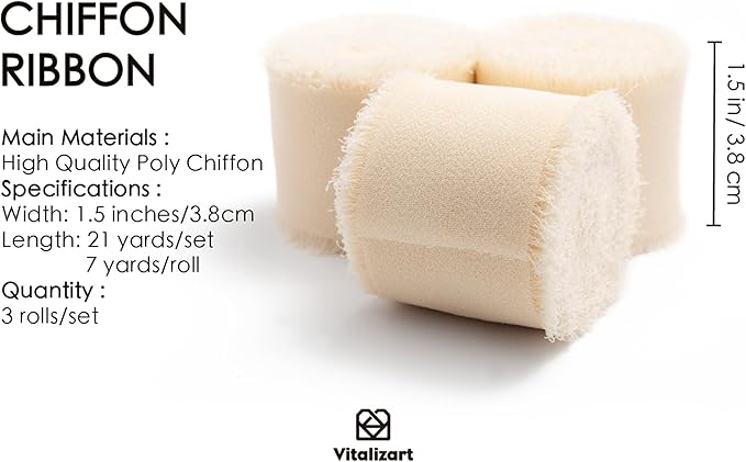 Vitalizart Light Nude Handmade Chiffon Silk Ribbon Fringe 3 Rolls 1.5" x 21 Yd Beige Frayed Edges Ribbons for Wedding Invitations Bridal Bouquets Gifts Wrapping Crafts Holiday Decor