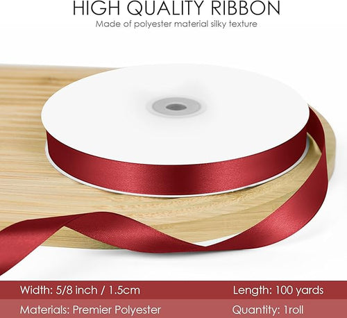 100 Yards 5/8 inch Satin Ribbon, Fabric Ribbon Solid Color Perfect for Gift Wrapping, Wedding, Handmade Bows, Floral Bouquets and Party Decoration(Wine red)