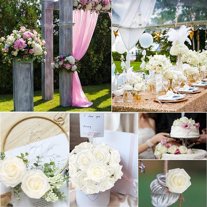 Mocoosy 50Pcs White Rose Artificial Flowers, Ivory Roses for Decorations, Real Touch Fake Rose with Stems Bulk DIY Wedding Bouquet Bridal Shower Centerpiece Faux Floral Arrangement Party Home Decor
