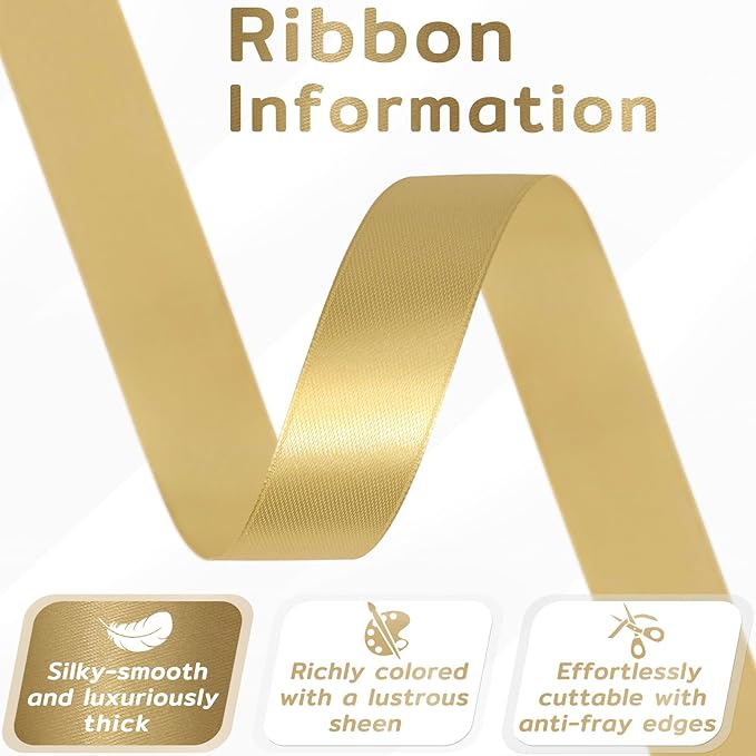 60 Yards Champagne Gold Satin Ribbon 3/4 Inch, Solid Polyester Fabric Ribbon for Gift Wrapping, Crafts, Flower Bouquet, Wedding, Baby Shower, Festival, Christmas