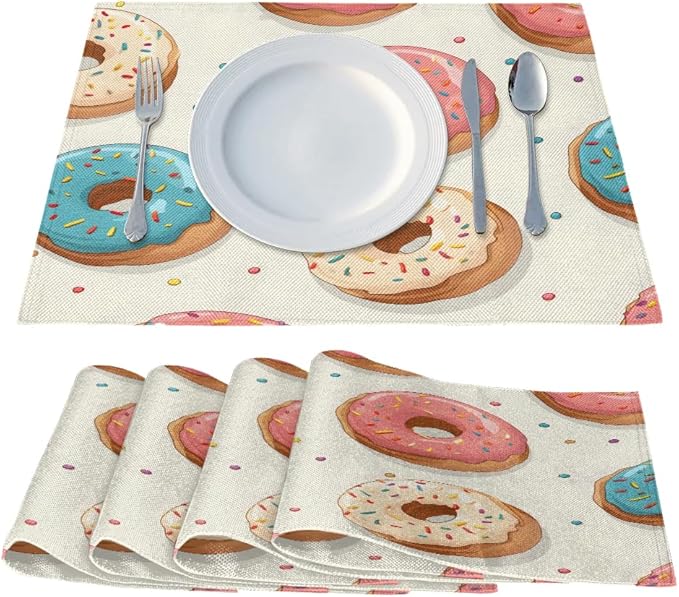 Donuts Placemats Set of 6, Washable Linen Place Mats, Food Donut Table Mats for Kitchen Dining Table Decor Heat Resistant Tablemats 12x18