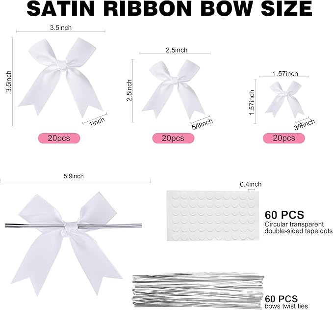 Oubest White Bows for Gift Wrapping, 60 PCS 1.57", 2.5" & 3.5" Satin Ribbon Gift Wrap Bows with Twist Tie for Christmas,Birthdays,Baby Shower,Weddings,Crafts,Holiday Presents,Party Decorations, White