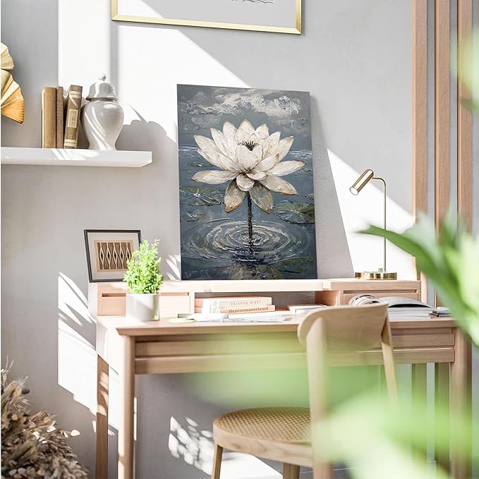 Stunning white lotus emerges from prismatic water with delicate petals background Serene aquatic wall art suitable for modern minimalist decor 12x18in Wood Framed