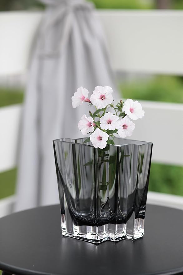 Glass - Vase - Gray - Smoky Black - Grey - Chevron Design - 5.5" Height - Heavy Durable - Made in Europe - by Barski
