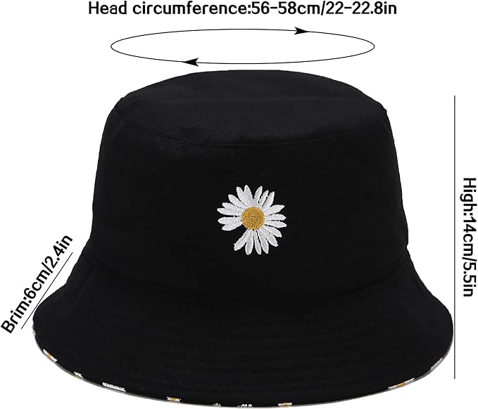 Flower Reversible Bucket Hat Cotton Summer Travel Beach Sun Hats Emboridery for Women Men