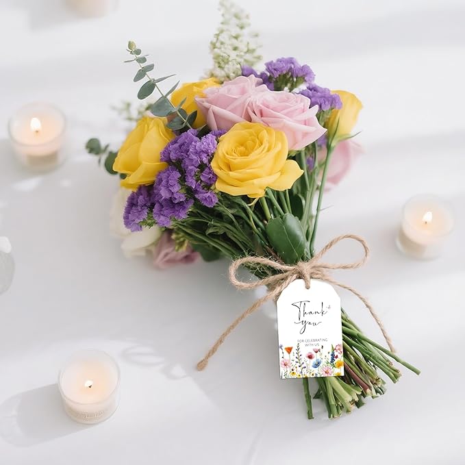 G2PLUS 50Pcs Wildflower Thank You Tags - Floral Gift Tags with String, Thank You for Celebrating with Us Tag, White Paper Party Favors Hangtag for Wedding, Baby Shower, Bridal Shower, Birthday