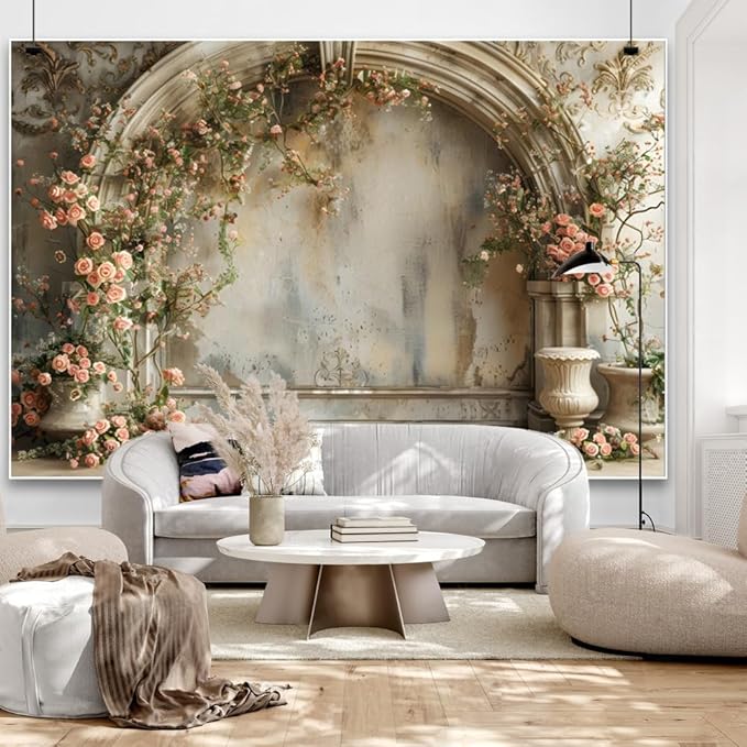 Vintage Wedding Backdrop 7x5ft Pink Rose Flower Boho Floral Retro Arch Wall Rustic Medieval Building Background Photography Bridal Shower Baby Shower Anniversary Birthday Tea Party Decor