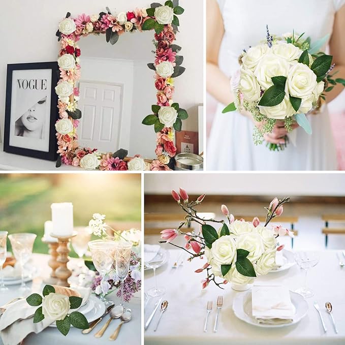 AmyHomie Artificial Flower Ivory Rose 25pcs Real Looking Fake Roses w/Stem for DIY Wedding Bouquets Centerpieces Arrangements Party Baby Shower Valentines Day Christmas Tree Decorations