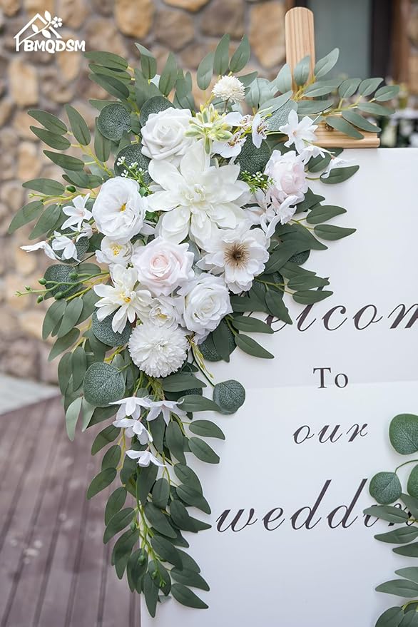 Wedding Arch Faux Flowers Set of 2 Greenery Garland for Wedding Decor Ceremony and Reception Backdrop Decoration (White)