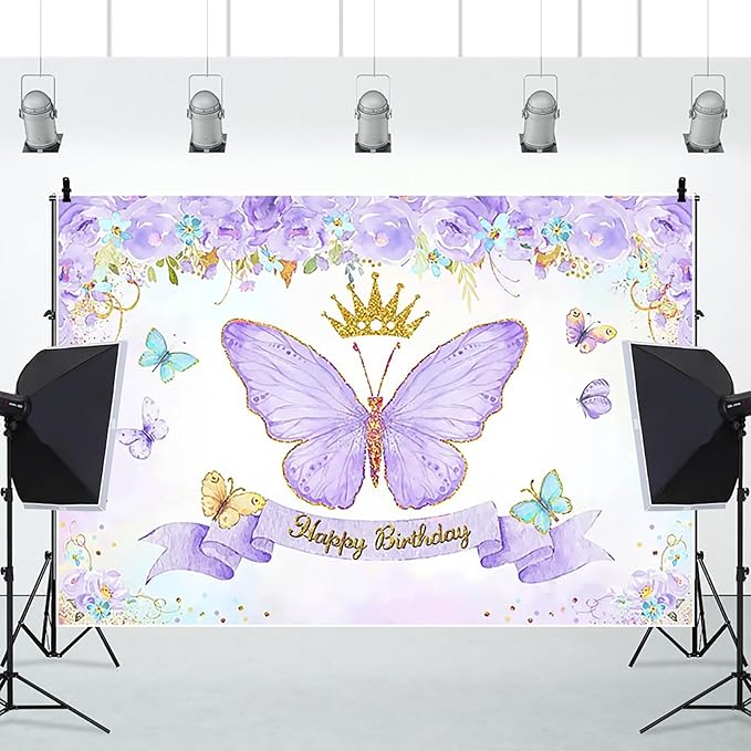 Renaiss 10x8ft Happy Birthday Backdrop Purple Butterfly Flowers Gold Crown Photography Background Daughter Girl Princess Birthday Party Decor Dessert Table Banner Portrait Selfie Group Photo Props