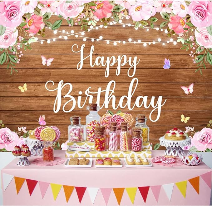 Happy Birthday Banner Rustic Wooden Butterfly Happy Birthday Backdrop for Women Girls Pink Floral Glitter Lights Decorations for Women's Party Adult Celebration Photography Background 5.9x3.6Ft