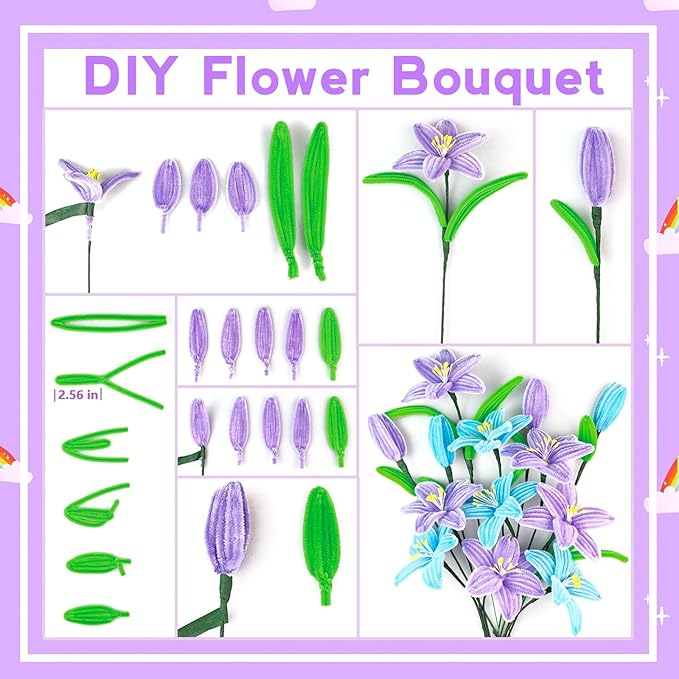 ZEIZHUBN 300 Pieces Pipe Cleaners, Pipe Cleaners Flower Bouquet Kit, Flower Making Kit with Floral Wires Tape, Art and Craft Supplies Projects DIY Decoration Holiday Party Birthday Gifts