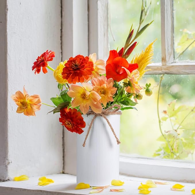 Domensi 5.91 in High Farmhouse Vase Decor Galvanized Metal Flower Vase with Twine Bow Vintage Rustic Tin Flower Buckets for Artificial Floral Table Container DIY(White,1 Pcs)
