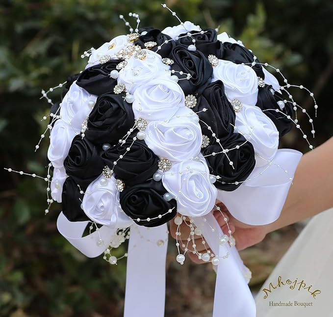 Bridal Wedding Bouquet Round Bling Brooch Bouquet Throw Toss Artificial Rose Flower Bunch for Bride Bridesmaid Wedding Quinceanera(White & Black, 7.5")