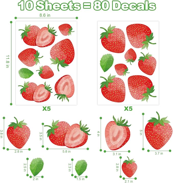 AOWDIAO 80 Pcs Strawberry Wall Decals – Peel and Stick for Bedroom, Kitchen, Bathroom & Nursery – Cute Strawberry Decor for Home & Party