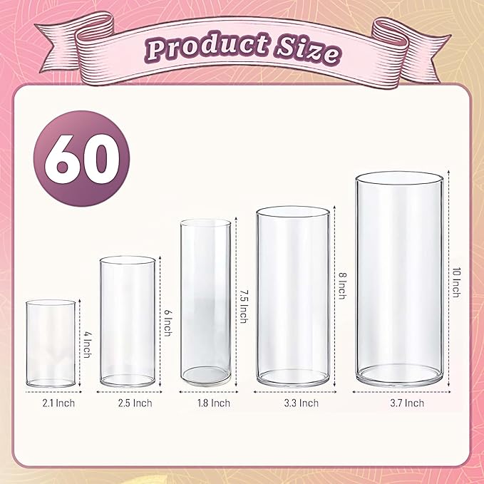 Cylinder Glass Bud Vases Set of 60 Clear Flower Vase for Centerpieces Shelf, Modern Small Vases for Living Room Bedroom Office Home, Decor for Wedding House Warming Party
