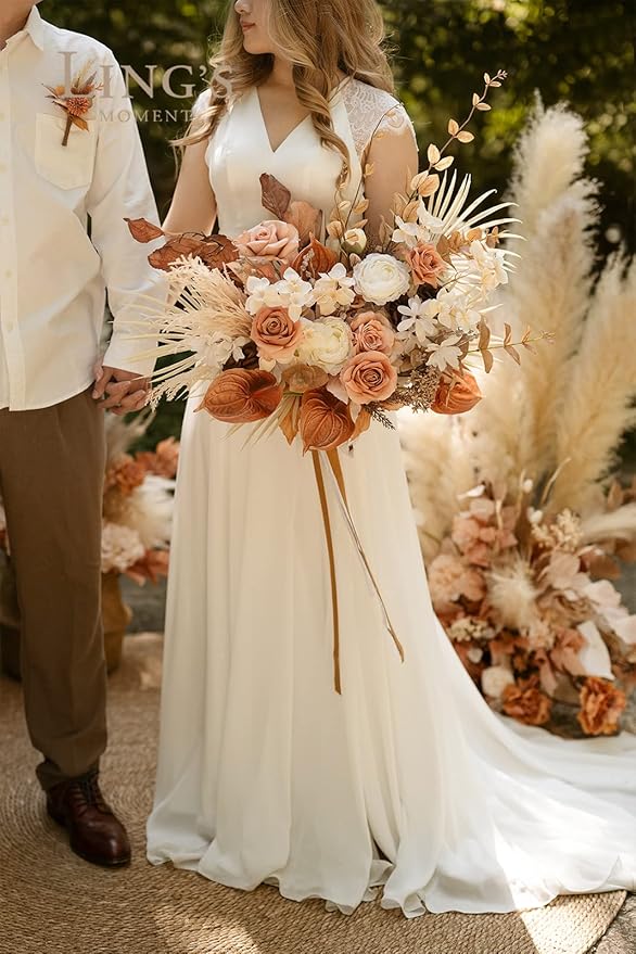 Ling's moment Boho Bridal Bouquet, Rustic Wedding Bouquets for Bride, 17 Inch Silk Free Form Fall Terracotta Artificial Wedding Flower Bouquet