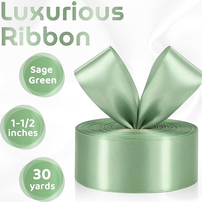 Sage Green Ribbon 1-1/2 Inch 30 Yards Sage Green Satin Ribbon for Flower Bouquet, Fabric Ribbon for Gift Wrapping Crafts Hair Accessories Sewing Wedding Christmas