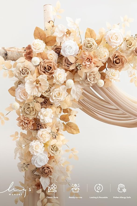 Ling's moment Wedding Arch Flowers with Drapes Kit-Pack of 5, 2pcs Flower Arrangements 3pcs Sheer Hanging Drapes White Ceremony Arbor Backdrop Artificial Rose Floral Decorations, Sand Beige