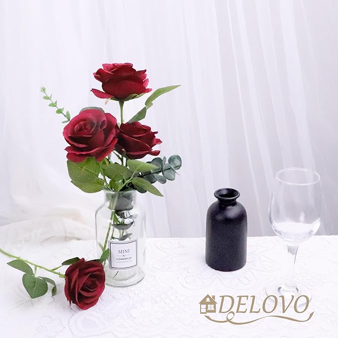 DELOVO 52pcs Burgundy roses artificial flowers Fake Flowers silk roses with Stems for DIY Wedding Bouquets Bridal Shower Centerpieces Arrangements Party Decorations