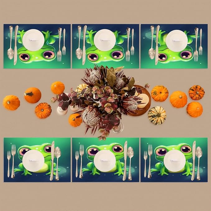 Frog Animal Green Placemats Set of 4 PVC Vinyl Non Slip Table Mats Waterproof Heat Resistant Place Mats Washable Wipeable Dining Table Mat for Kitchen Party Farmhouse Indoor Outdoor Decorative