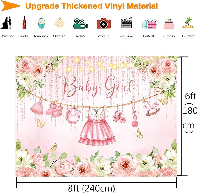 InMemory Girl Baby Shower Backdrop Pink Floral Baby Shower Decorations,Glitter Rose Gold Newborn Clothes Photography Background It's a Sweet Baby Girls Shower Party Banner Photo Booth Supplies 8x6ft