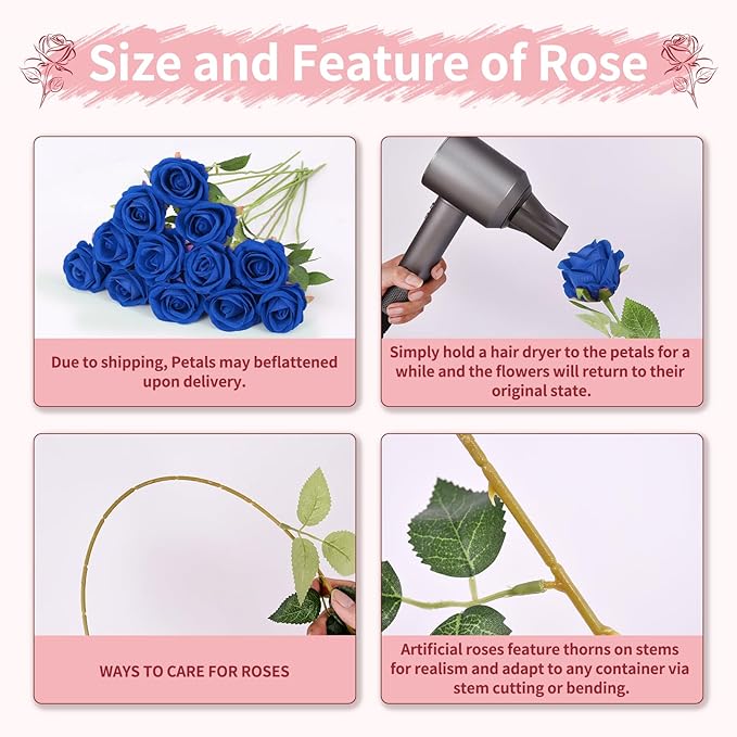 102 PCS Royal Blue Roses, Faux Blue Rose Bouquet, Silk Rose with Stems for Wedding Flowers Decoration, Valentines Day Mothers Day, Wedding Decoration