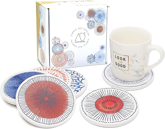 AD Set of 6 Coasters for Drinks Absorbing Round Ceramic Stone Coaster with Cork Base Tabletop Protection Mat for Mugs and Cups,Office,Kitchen (Colorful 2)