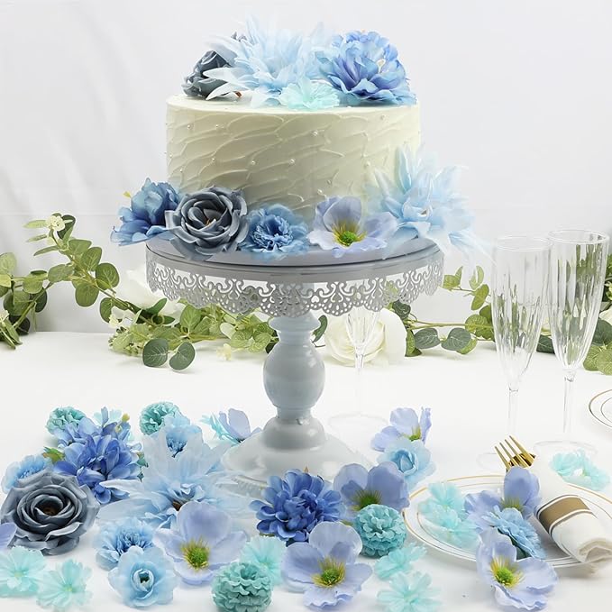 56 PCS Faux Flower Heads Combo Blue Silk Flowers Mix Peony Rose Hydrangea Fake Florals for DIY Crafts Wedding Bouquets Centerpieces Arrangements Party Bridal Baby Shower Home Decorations