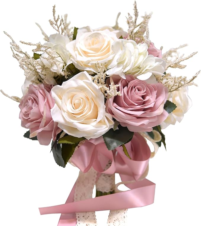 Dusty Pink Wedding Bouquets for Bride Bridesmaid,White Blush Pink Artificial Fake Silk Roses Flowers Bridal Bouquet for Wedding French Vintage Boho Rustic Church Decoration Toss Bouquet (8.6in(M))