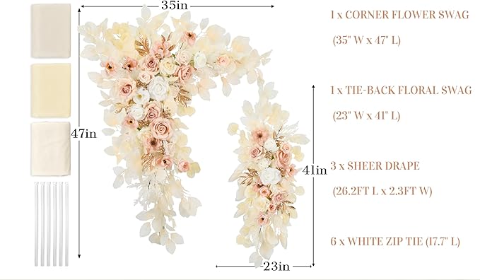 Ting's time Wedding Arch Flowers and Drape Kit (Set of 5) 2 Pcs Artificial Floral Swag Arrangement 3 Pcs Arch Draping Fabric for Wedding Ceremony Arbor and Reception(Beige)