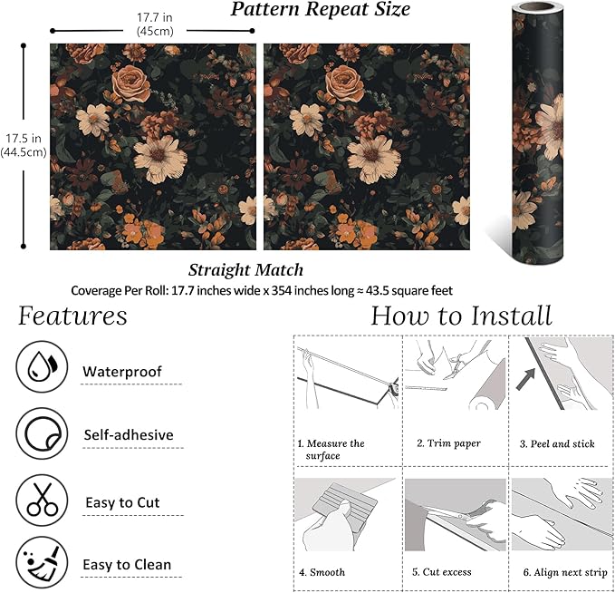VEELIKE Vintage Floral Wallpaper Prepasted Moody Dark Floral Peel and Stick Wallpaper for Bedroom Powder Room 17.7''x354'' Removable Renter Friendly Wall Paper Flower Contact Paper for Cabinets Walls