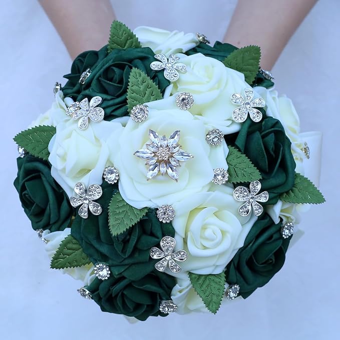 Lightweight Bridal Wedding Bouquet Round Holding Bouquet Throw Toss Artificial Rose Flower Bunch for Bride Bridesmaid Wedding Quinceanera (Cream & Dark Green, 9.1")