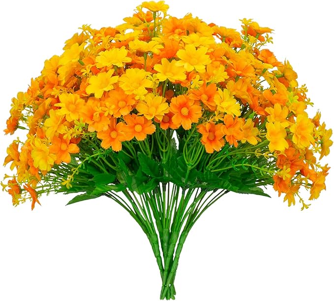 Artificial Daisy 8 Bundles Mums Flowers Outdoor UV Resistant Plants Fake Silk Flowers No Fade Greenery Shrubs Home Wedding Office Garden Porch Décor(Orange+Yellow)