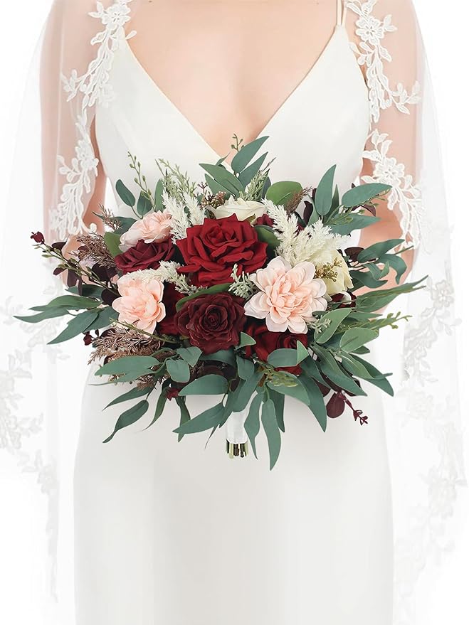 Rinlong 13.5" Wide Fall Wedding Bouquets for Bride Burgundy Bridal Bouquet for Wedding Wine Boho Dried Pampas Artificial Flowers Bouquets