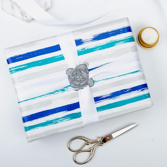 WRAPAHOLIC 30 Inch Blue Wrapping Paper Roll - Jumbo Blue Navy and Grey Lines Print for Birthday, Holiday, Wedding, Baby Shower Wrap - 30 inch x 33 feet