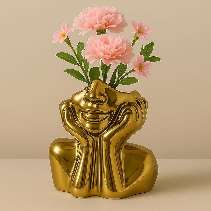 Face Vase Unique Ceramic Vase for Room,Office,Home Decor,Gold,A
