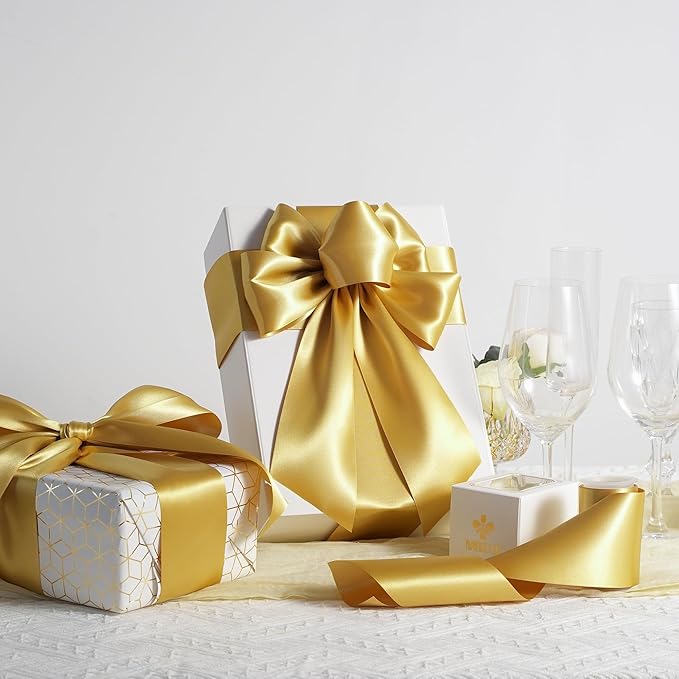 MEEDEE Gold Satin 3 Inch Ribbon Lux Double Faced Satin Ribbon Christmas by 10 Yards Tree Ribbons Wide Gold Ribbons for Christmas Tree Decoration, Weddings, Flower Bouquet