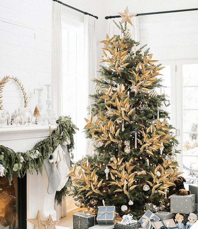 Hollyone 32” Christmas Tree Picks and Sprays 3Pcs Gold Artificial Eucalyptus Stems Eucalyptus Leaves Branches Fake Gold Leaf Floral for Vase DIY Xmas Tree Garland Wreath Centerpieces Wedding Decor