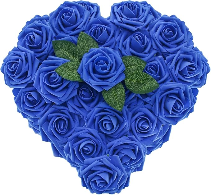 [25 PCS] Royal Blue Roses Artificial Flowers with Long Stem Real Touch Fake Foam Roses for Decoration DIY Wedding Bouquets Centerpieces Bridal Shower Mothers Day Party Flower Arrangements Home Decor