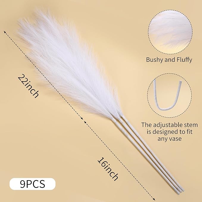 9 Stems White Faux Pampas Grass - 38 Inch Tall Artificial Pompous Grass Decor, Large Fake Pompas Floral for Vase Filler, Wedding Centerpieces, Party, Christmas and Home Decor (White)