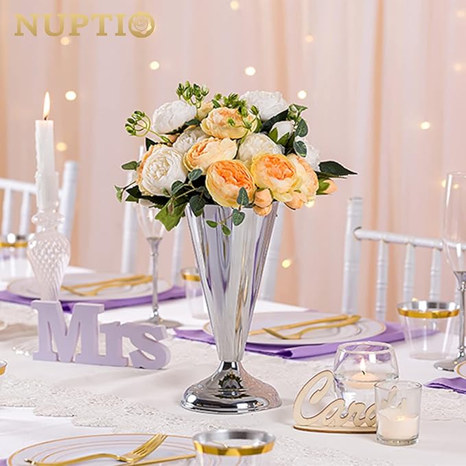 2 Pcs Tabletop Silver Metal Wedding Flower Trumpet Vase, 9.8 inch Table Decorative Centerpiece Artificial Flower Arrangements for Anniversary Ceremony Party Birthday Event Aisle Home Decoration